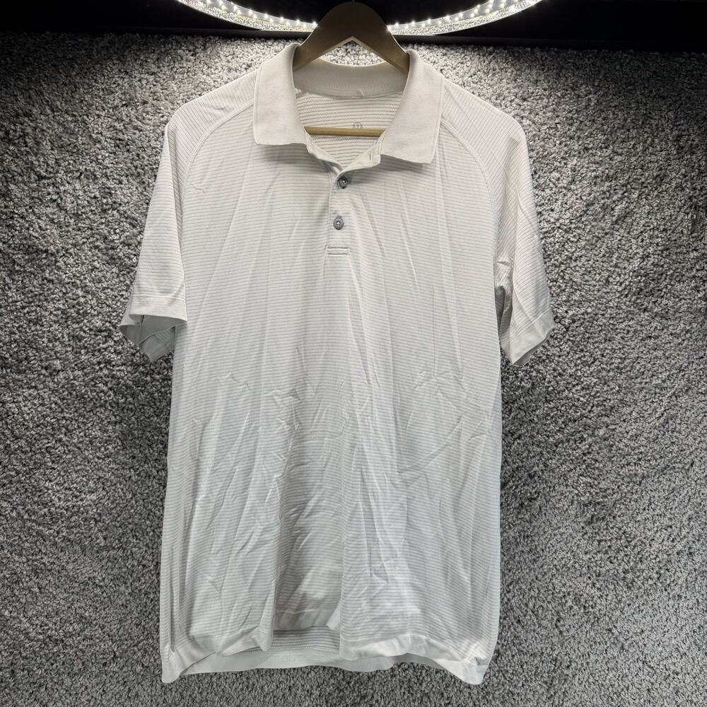 Lululemon Men’s Polo Shirt White Gray Stripe Short Sleeve Athletic Golf Large